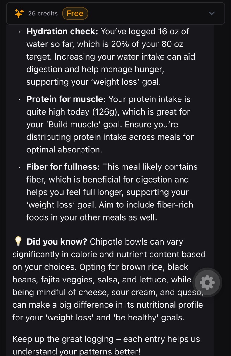 Chat screen in the app: the coach's reply covers a hydration check (16 oz logged, 20% of an 80 oz target), protein for muscle (126 g so far), fiber for fullness, and a 'did you know' note about burrito bowls.